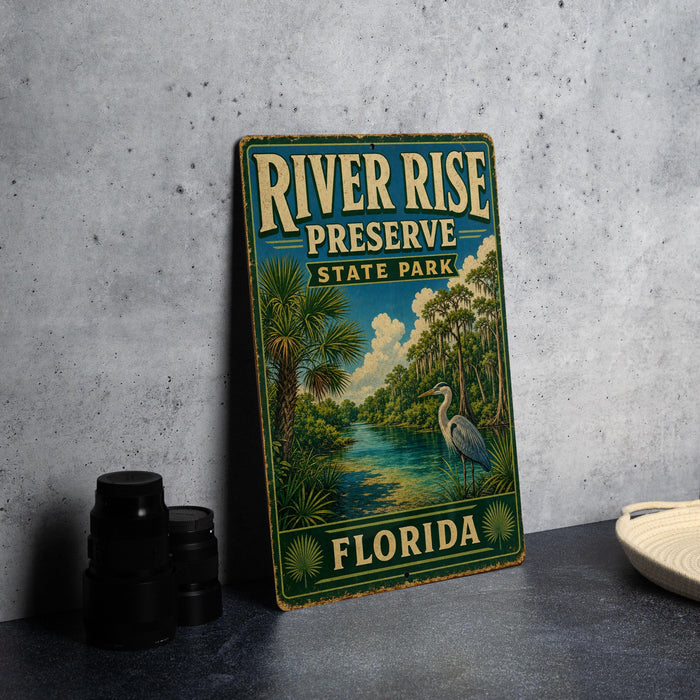 A vintage-style sign for River Rise Preserve State Park in Florida, featuring a tropical landscape with palm trees and a bird.