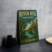 A vintage-style sign for River Rise Preserve State Park in Florida, featuring a tropical landscape with palm trees and a bird.