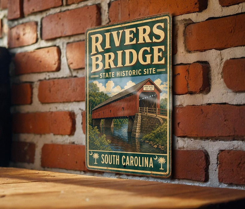 A vintage-style metal sign for the Rivers Bridge, a historic site in South Carolina, is displayed on a brick wall.