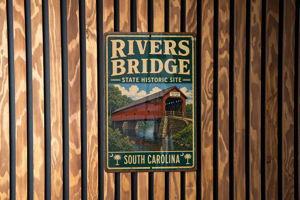 A vintage-style metal sign for the Rivers Bridge, a historic site in South Carolina, is displayed on a wooden wall.