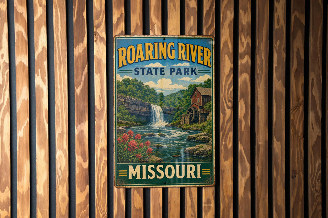 A vintage metal sign for Roaring River State Park in Missouri, featuring a waterfall and a red brick building.