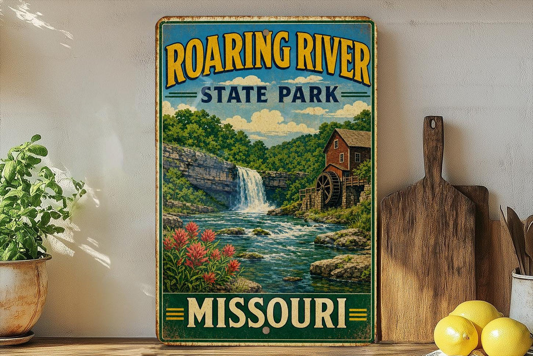 A vintage-style sign for Roaring River State Park in Missouri, featuring a waterfall and a wooden mill, is displayed on a shelf next to a potted plant and a cutting board.