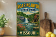 A vintage-style sign for Roaring River State Park in Missouri, featuring a waterfall and a wooden mill, is displayed on a shelf next to a potted plant and a cutting board.