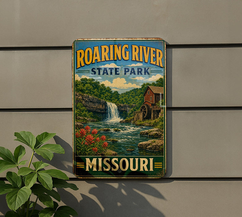 A vintage-style sign for Roaring River State Park in Missouri, featuring a waterfall and a red brick building.