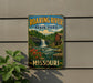 A vintage-style sign for Roaring River State Park in Missouri, featuring a waterfall and a red brick building.