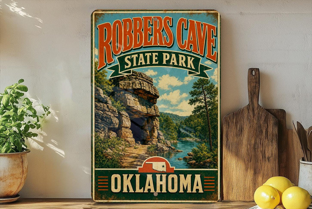 A vintage-style sign for Robbers Cave State Park in Oklahoma, featuring a scenic image of the cave and surrounding landscape.