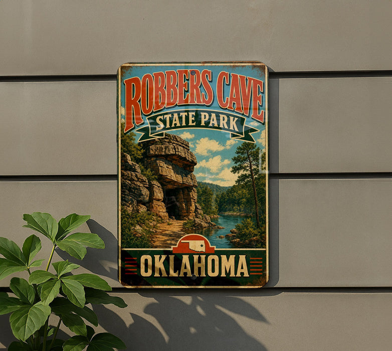 A vintage-style metal sign for Robbers Cave State Park in Oklahoma, featuring a scenic image of the cave and surrounding landscape.