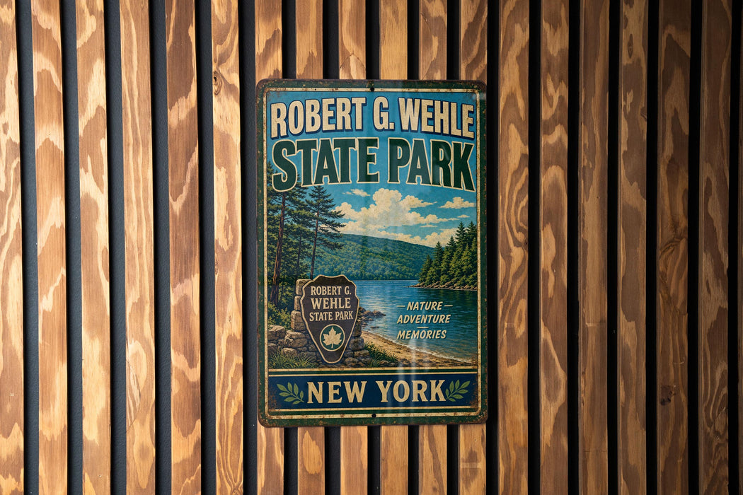 A vintage-style metal sign for Robert G. Wehle State Park in New York, featuring a scenic landscape with pine trees, a lake, and mountains.