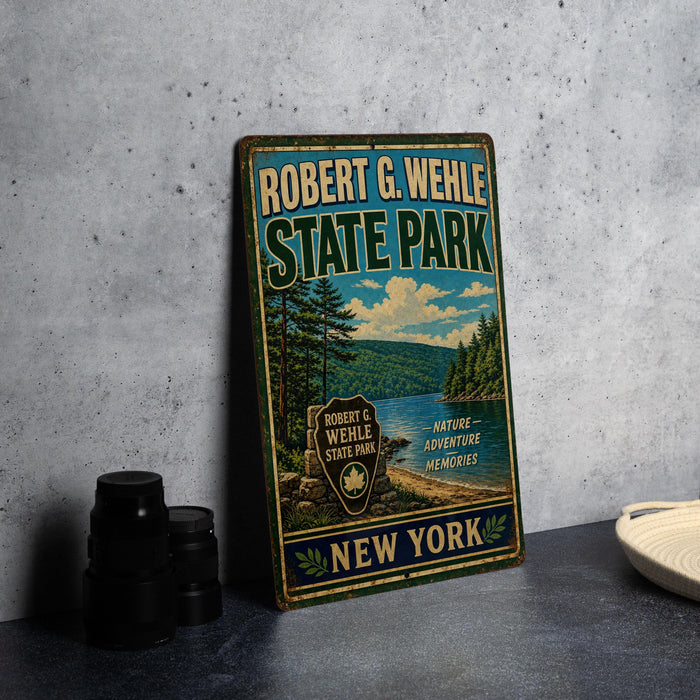 A vintage-style metal sign for Robert G. Wehle State Park in New York, featuring a scenic landscape with pine trees and a lake.