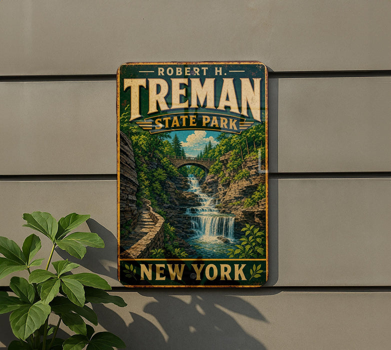 A vintage-style metal sign for Robert H. Treman State Park in New York, featuring a scenic image of a waterfall surrounded by lush greenery.