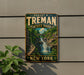 A vintage-style metal sign for Robert H. Treman State Park in New York, featuring a scenic image of a waterfall surrounded by lush greenery.