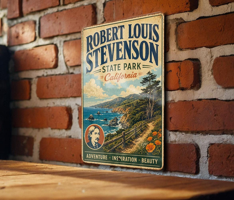 A vintage-style metal sign for Robert Louis Stevenson's State Park in California, featuring a scenic landscape with mountains, a river, and a path leading to the park.