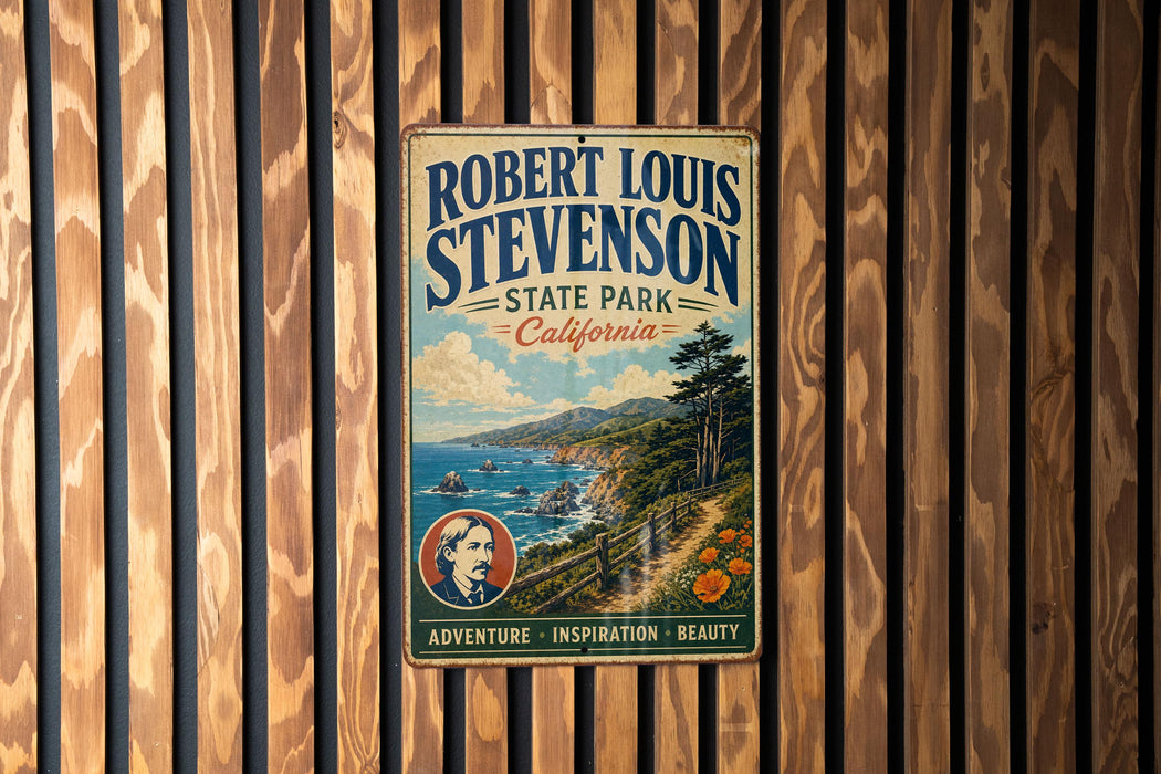 A vintage-style metal sign for Robert Louis Stevenson State Park, California, featuring a scenic landscape with mountains, a river, and a path leading to the park.