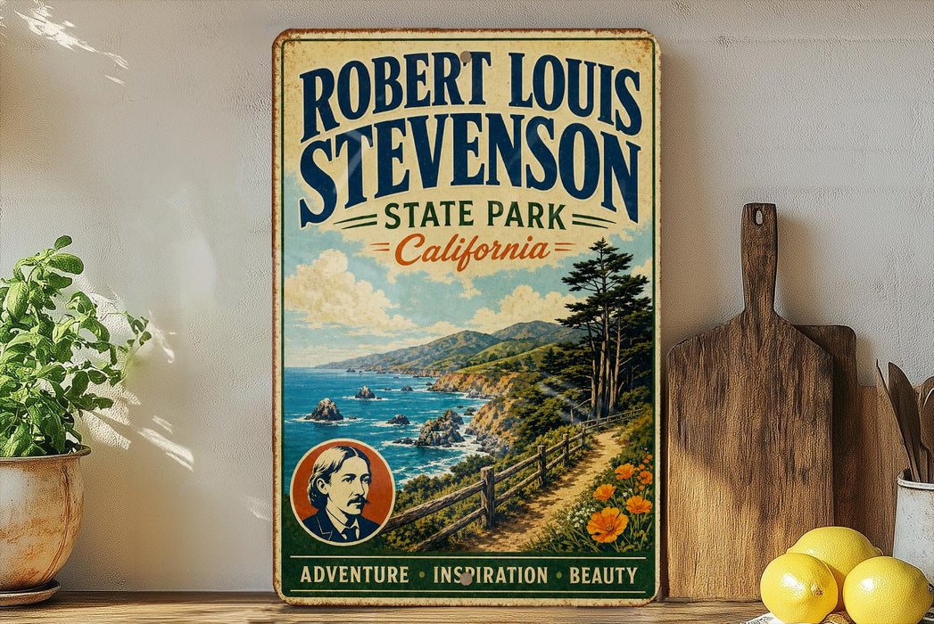 A vintage-style poster of Robert Louis Stevenson's State Park in California, featuring a scenic coastal landscape with mountains, ocean, and a wooden fence.