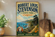 A vintage-style poster of Robert Louis Stevenson's State Park in California, featuring a scenic coastal landscape with mountains, ocean, and a wooden fence.