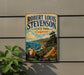 A vintage-style metal sign for Robert Louis Stevenson State Park in California, featuring a scenic landscape with mountains, a river, and a path leading to the park.