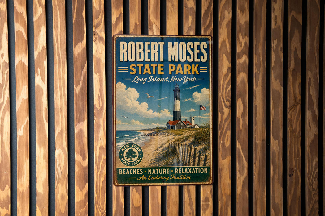 A vintage-style metal sign for Robert Moses State Park in Long Island, New York, featuring a lighthouse and beach scene.