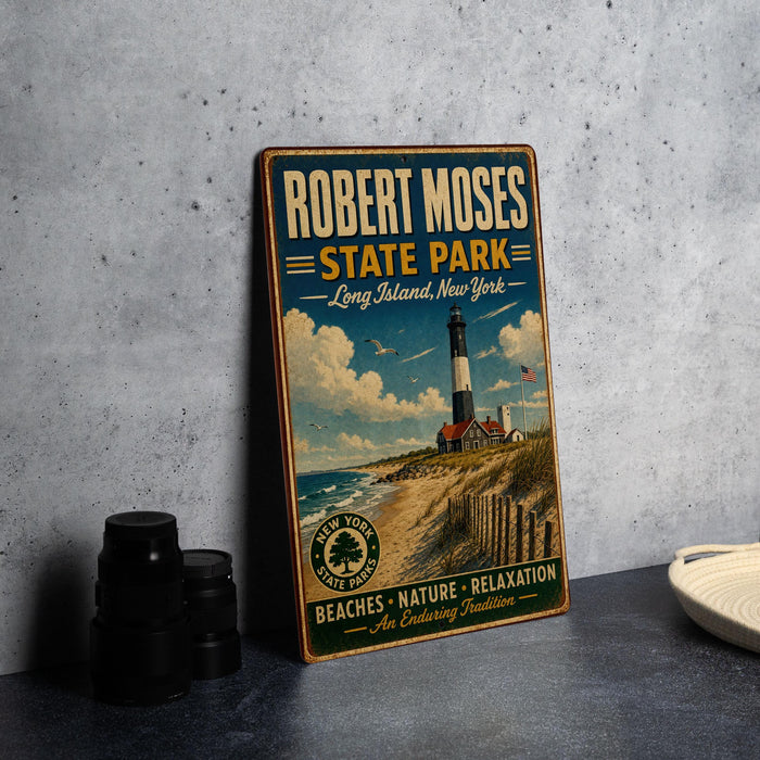 A vintage-style metal sign for Robert Moses State Park, featuring a lighthouse and beach scene, is displayed on a gray countertop next to a stack of black camera lenses.