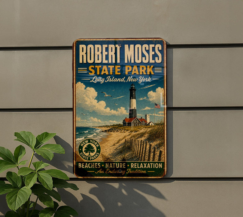 A vintage-style metal sign for Robert Moses State Park in Long Island, New York, featuring a lighthouse and beach scene.