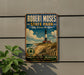 A vintage-style metal sign for Robert Moses State Park in Long Island, New York, featuring a lighthouse and beach scene.