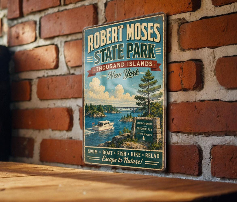 A vintage-style metal sign for Robert Moses State Park, New York, featuring a scenic illustration of the park's natural surroundings.