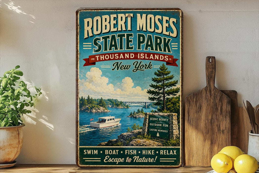 A vintage-style sign for Robert Moses State Park, New York, featuring a scenic image of a lake, boats, and a bridge.