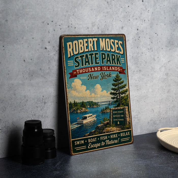 A vintage-style metal sign for Robert Moses State Park, New York, featuring a scenic image of a boat on a lake surrounded by mountains.