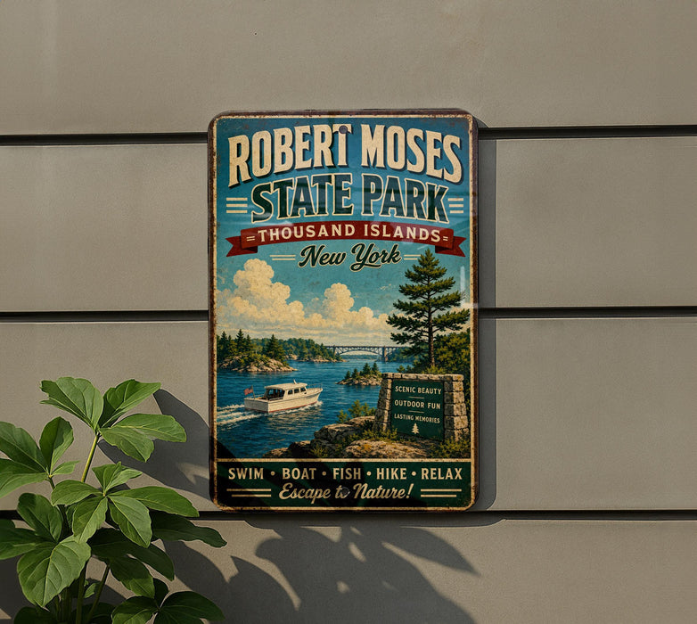 A vintage-style metal sign for Robert Moses State Park, New York, featuring a scenic image of a lake, boat, and surrounding landscape.