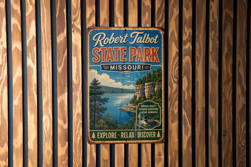A vintage-style metal sign for Robert Talbot State Park in Missouri, featuring a scenic landscape with a lake, mountains, and trees.