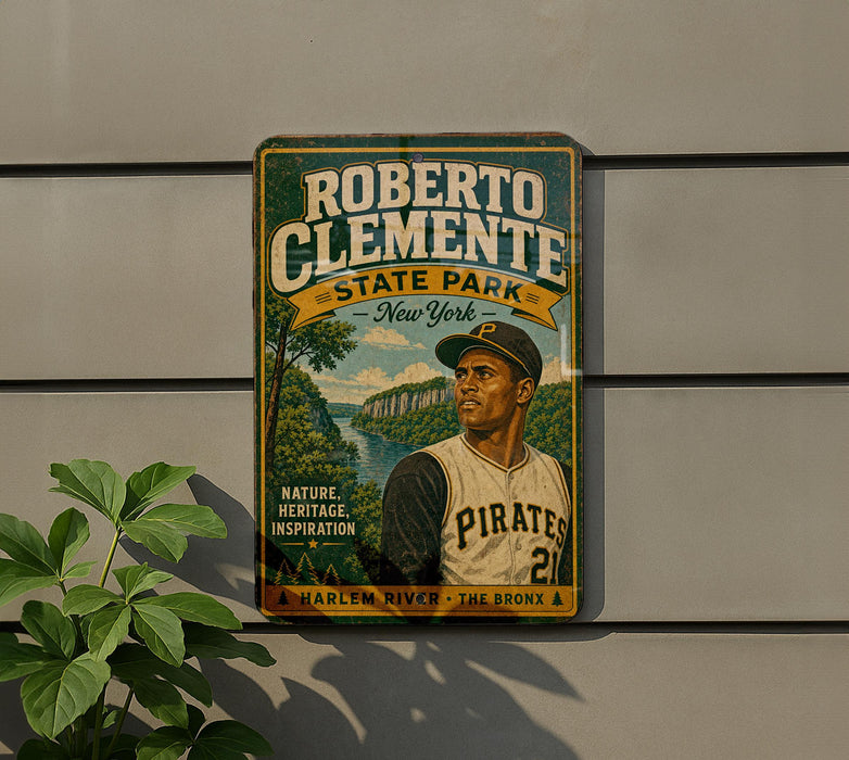 A vintage-style poster featuring a baseball player, likely Roberto Clemente, in a park setting.