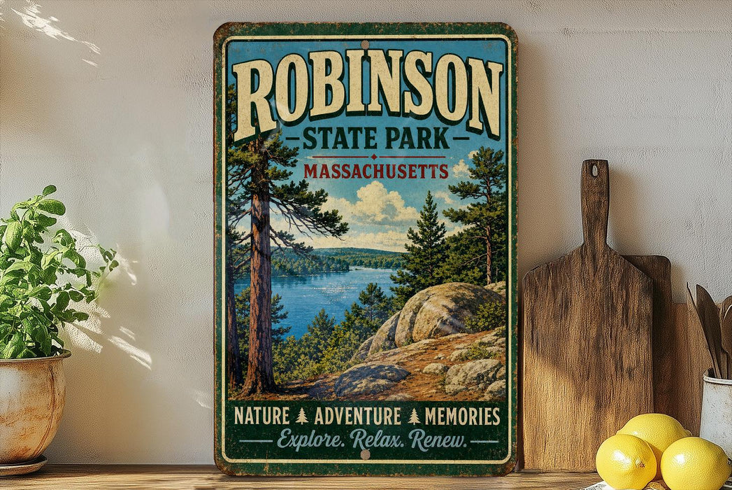 A vintage-style sign for Robinson State Park in Massachusetts, featuring a scenic landscape with pine trees, a lake, and mountains.