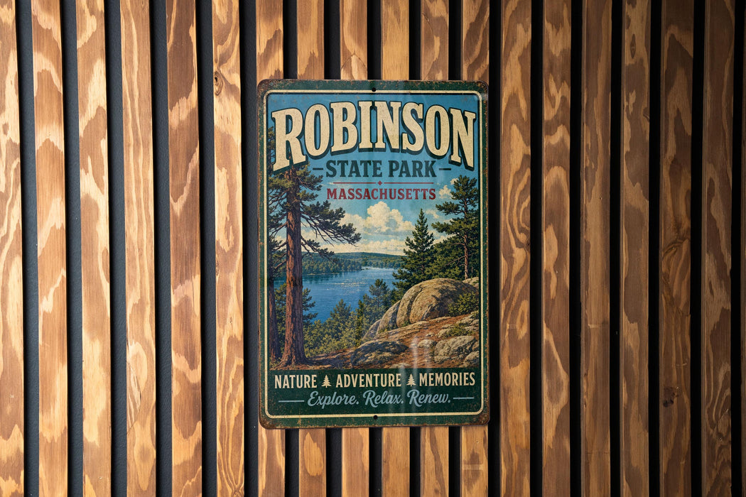 A vintage metal sign for Robinson State Park in Massachusetts, featuring a scenic landscape with pine trees, a lake, and mountains.