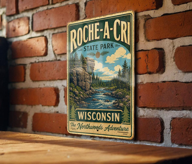 a vintage-style metal sign with a scenic illustration of a river and forest, mounted on a brick wall.