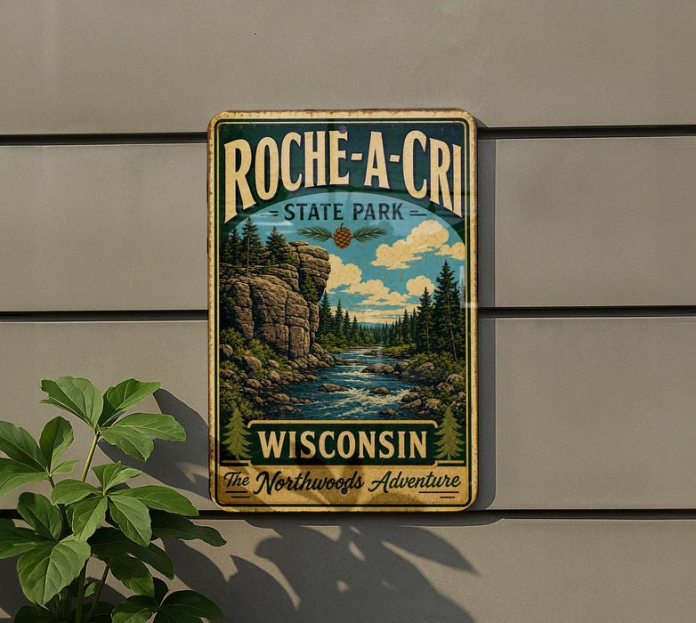 a vintage-style metal sign for Racine, Wisconsin, with a scenic illustration of a river and forest.