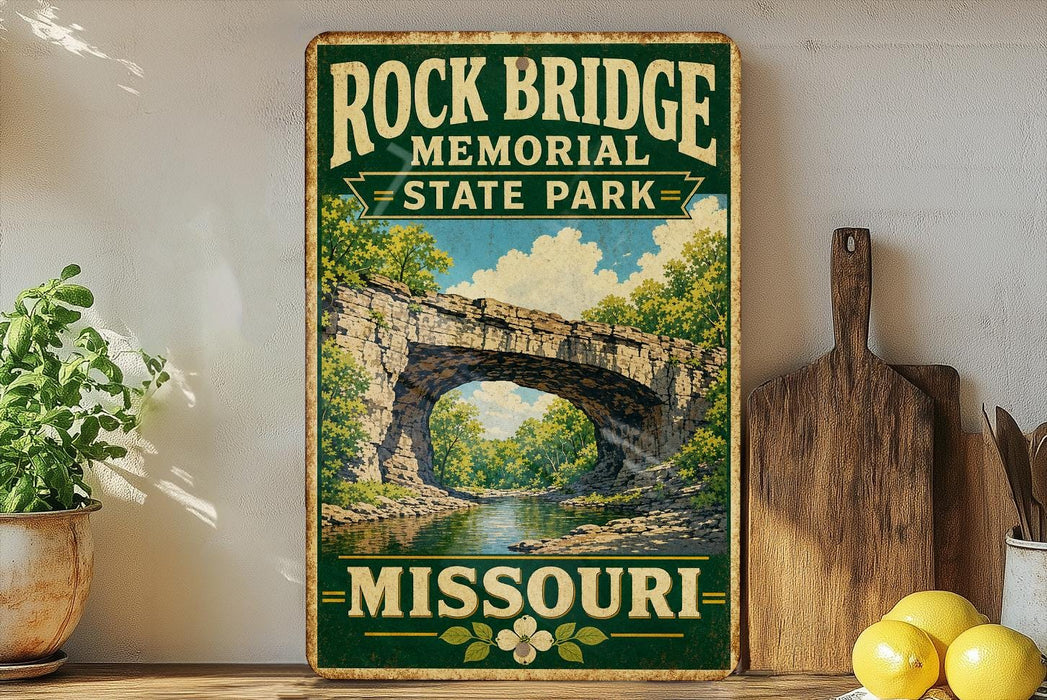 A vintage-style sign for Rock Bridge Memorial State Park in Missouri, featuring a scenic image of the bridge surrounded by trees and a river.