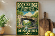 A vintage-style sign for Rock Bridge Memorial State Park in Missouri, featuring a scenic image of the bridge surrounded by trees and a river.