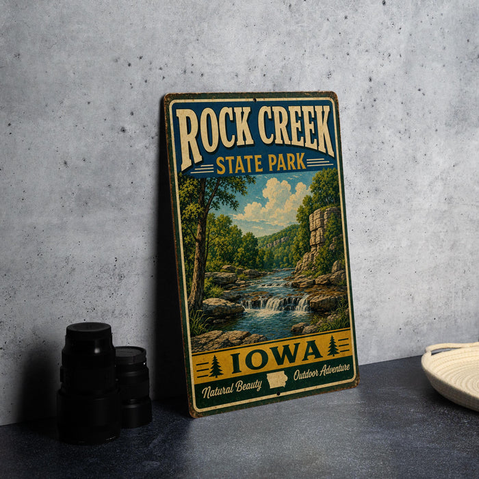 A vintage-style sign for Rock Creek State Park in Iowa, featuring a scenic landscape with a waterfall and trees.