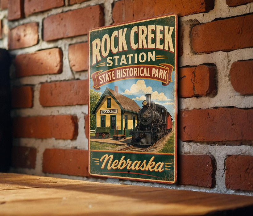 A vintage-style metal sign for Rock Creek Station, a State Historical Park in Nebraska, featuring a train and a yellow building.