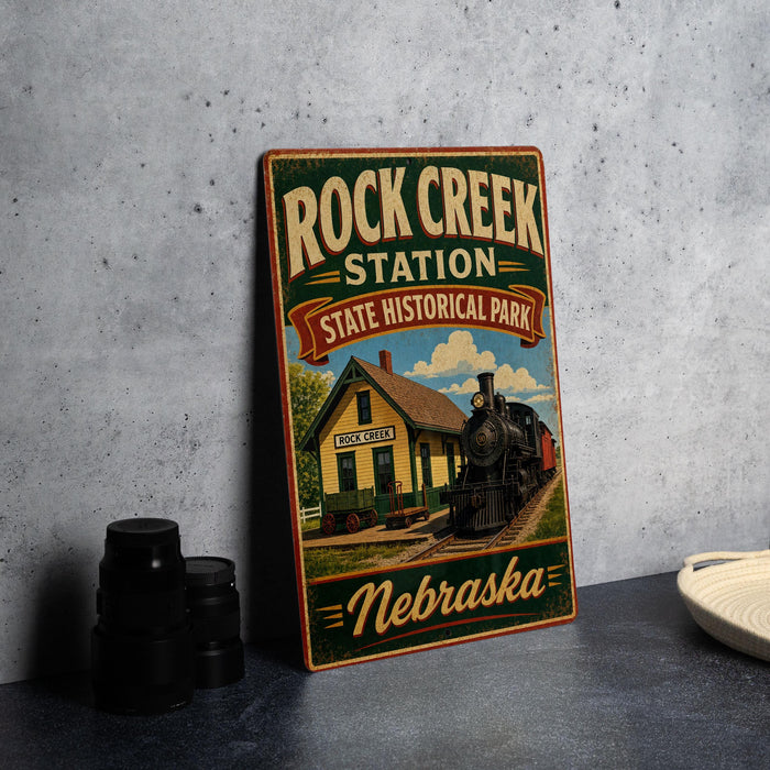 A vintage-style sign for Rock Creek Station, a State Historical Park in Nebraska, featuring an illustration of a train and a building.