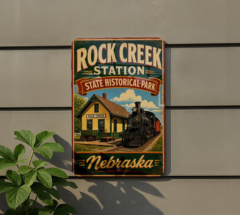 A vintage-style metal sign for Rock Creek Station, a State Historical Park in Nebraska, featuring a train and a yellow building.