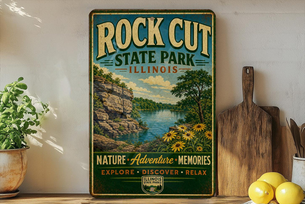 A vintage-style metal sign for Rock Cut State Park in Illinois, featuring a scenic landscape with a river, cliffs, and flowers.