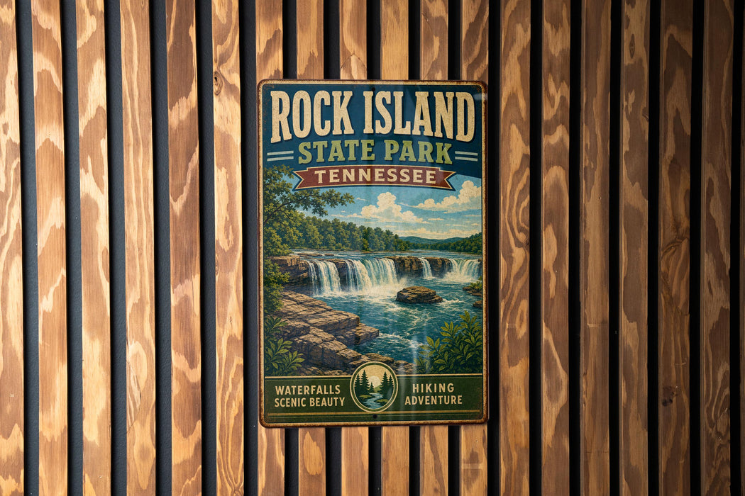 A vintage-style metal sign for Rock Island State Park in Tennessee, featuring a waterfall and lush greenery.