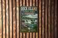 A vintage-style metal sign for Rock Island State Park in Tennessee, featuring a waterfall and lush greenery.