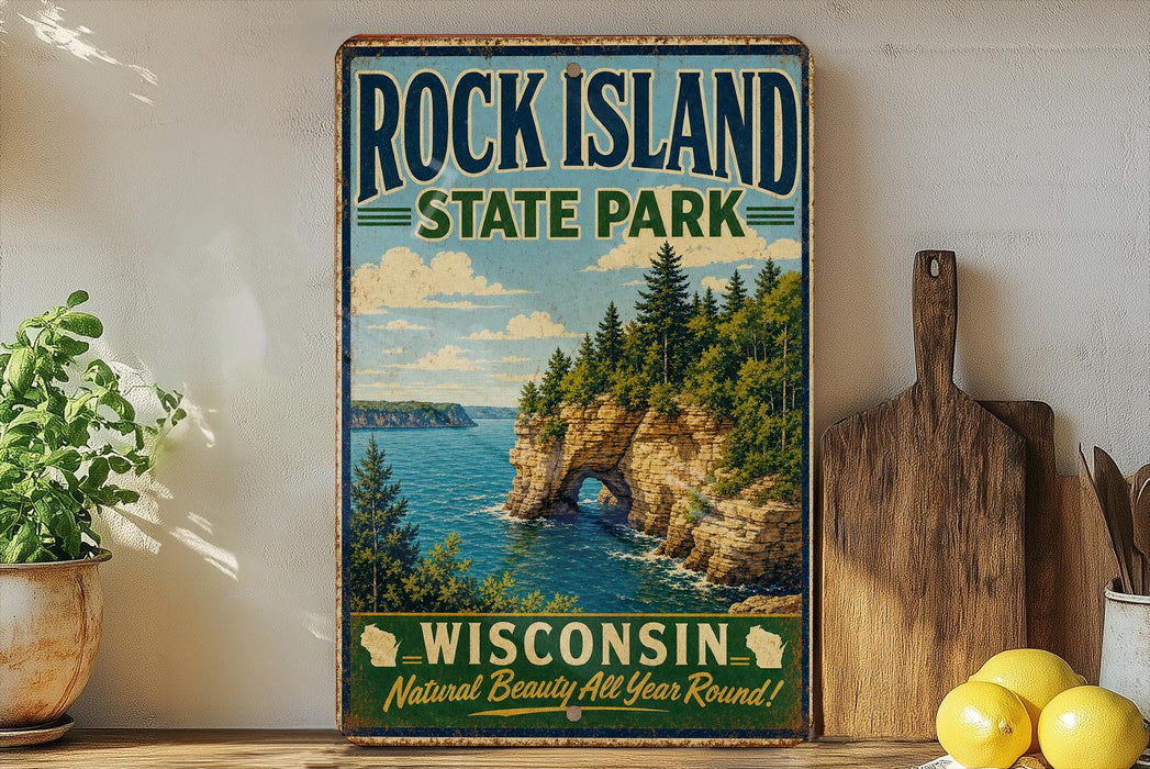 A vintage-style sign for Rock Island State Park in Wisconsin, featuring a scenic landscape with cliffs, water, and pine trees.