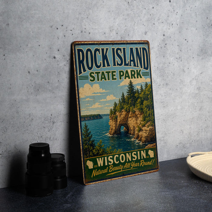 A vintage-style sign for Rock Island State Park in Wisconsin, featuring a scenic landscape with a lake, cliffs, and pine trees.