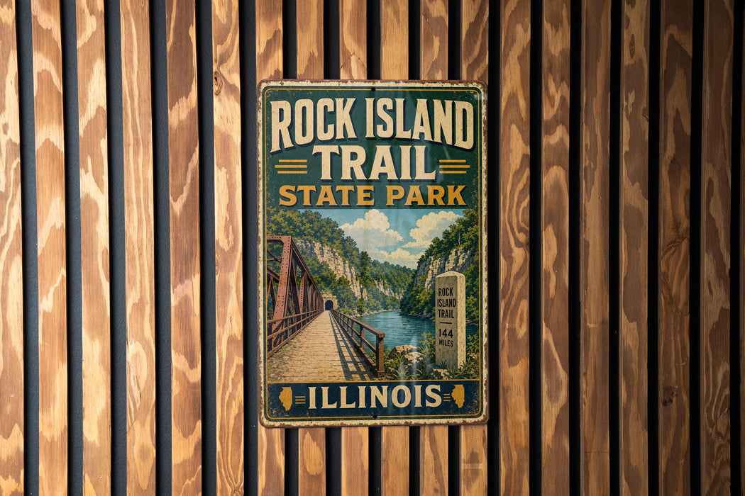 A vintage-style metal sign for Rock Island Trail State Park in Illinois, featuring a scenic illustration of a bridge and a river.