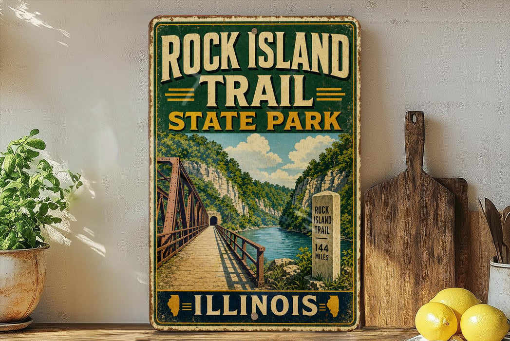 A vintage-style sign for Rock Island Trail State Park in Illinois, featuring a scenic illustration of a bridge and a river surrounded by lush greenery.
