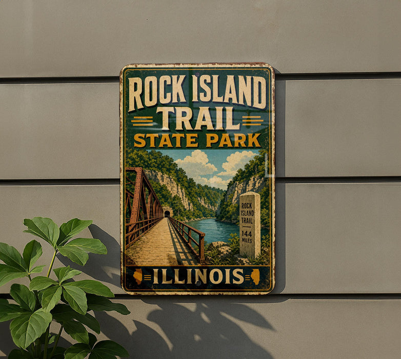 A vintage-style metal sign for Rock Island Trail State Park in Illinois, featuring a scenic illustration of a bridge and a river.