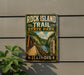 A vintage-style metal sign for Rock Island Trail State Park in Illinois, featuring a scenic illustration of a bridge and a river.