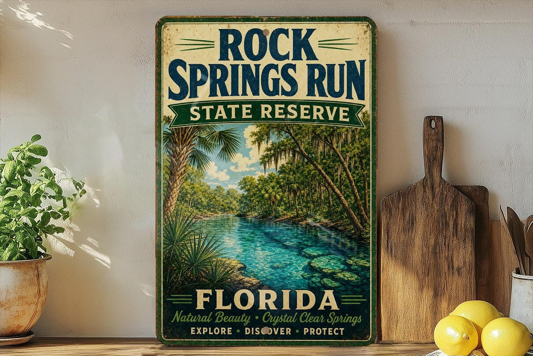 A vintage-style sign for the Rock Springs Run State Reserve in Florida, featuring a scenic illustration of a river surrounded by palm trees and lush greenery.